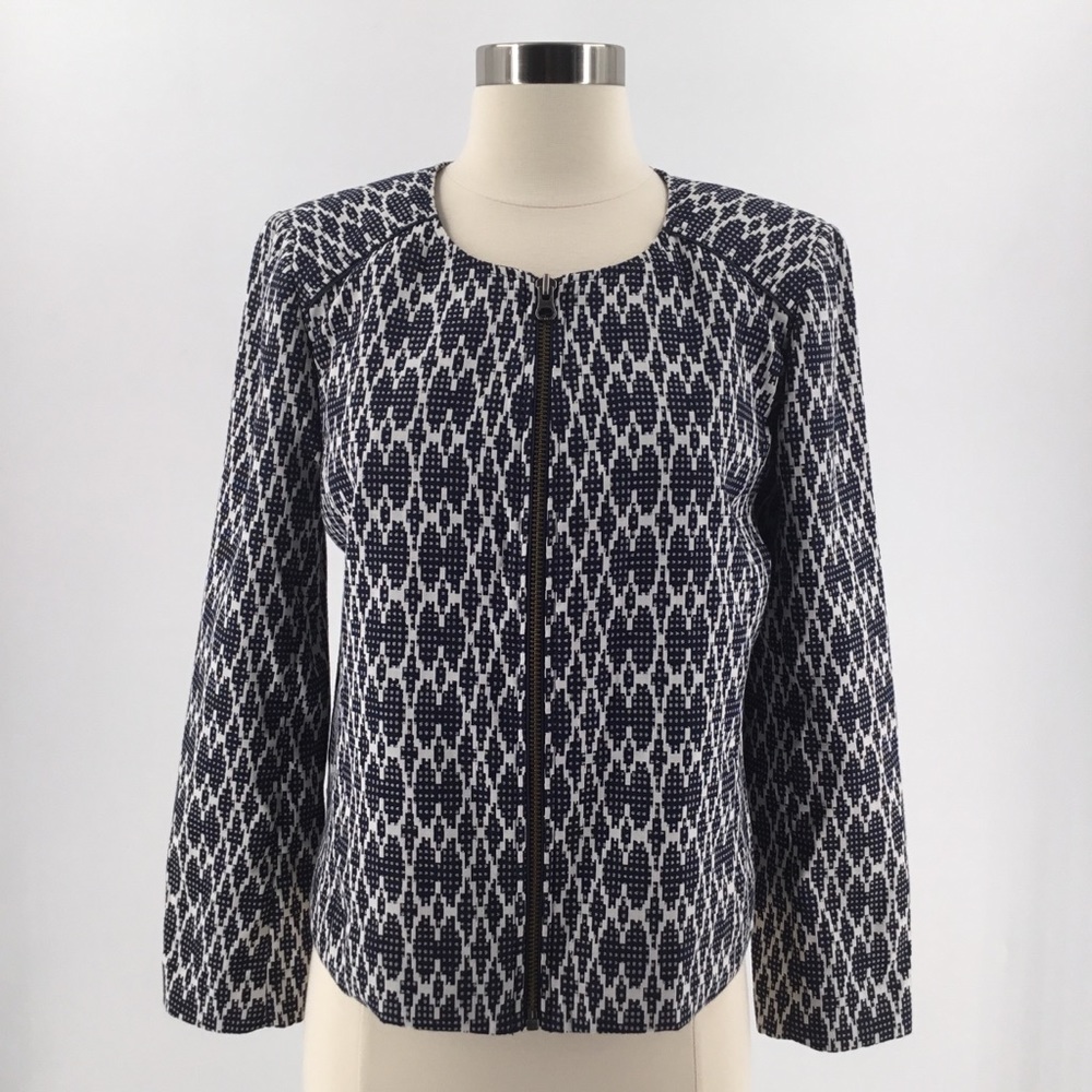 J. Crew Jacquard Motorcycle Jacket Zip Front Size S Blue White Geometric C2373